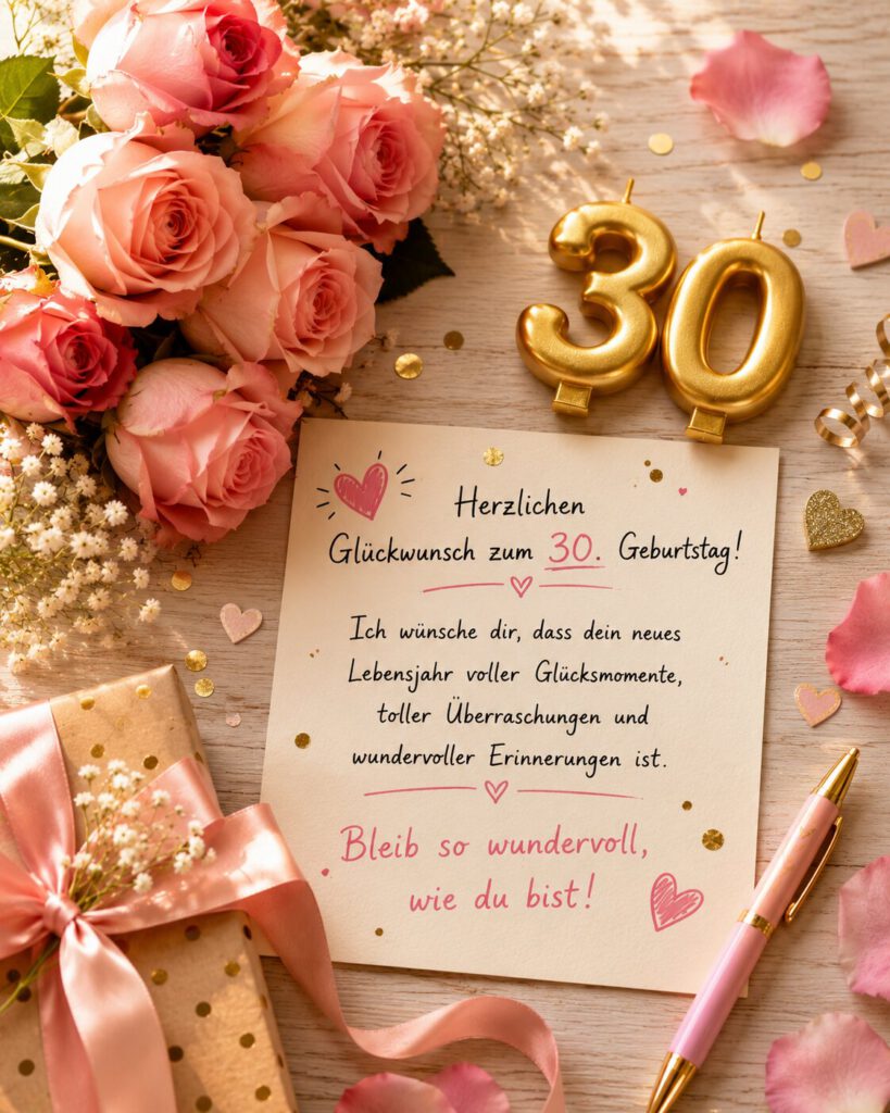Rosa Rosen, goldene Kerzen als Zahl 30 und Geschenk um eine handgeschriebene Karte „Herzlichen Glückwunsch zum 30. Geburtstag! Ich wünsche dir ein neues Lebensjahr voller Glücksmomente, toller Überraschungen und wundervoller Erinnerungen. Bleib so wundervoll, wie du bist!“.