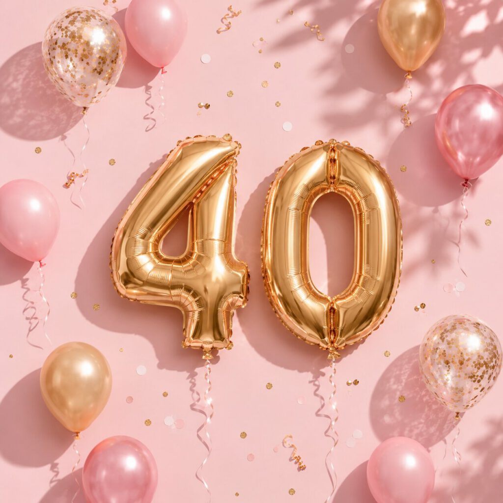 Goldene Folienballons in Zahlenform 40 auf rosa Hintergrund, umgeben von rosé- und goldfarbenen Luftballons und Konfetti.
