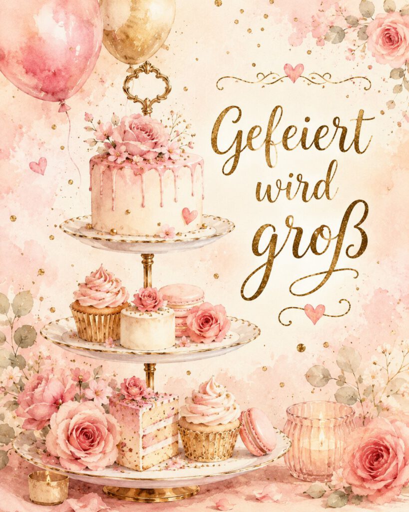 Aquarell einer Etagere mit Torte, Cupcakes und Rosen, mit dem Schriftzug „Gefeiert wird groß.“.