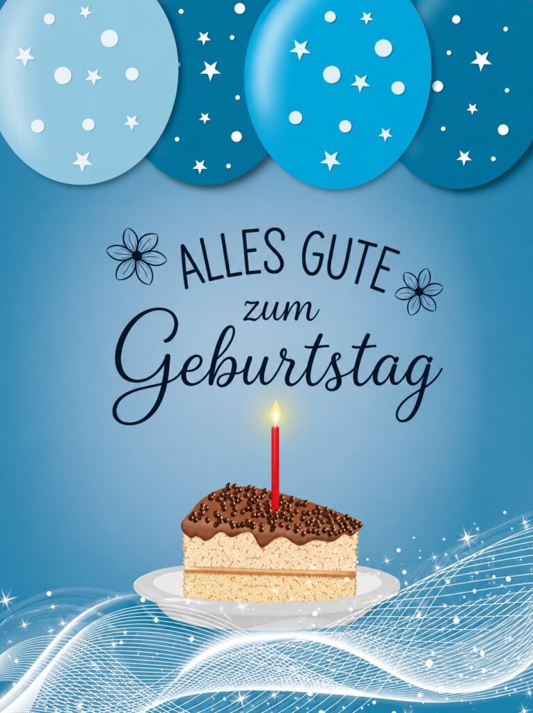 Blaue Geburtstagskarte mit Luftballons, Sternen und einem Stück Torte mit Kerze, Schriftzug Alles Gute zum Geburtstag