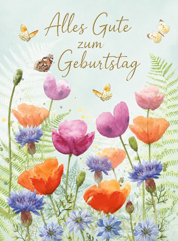 Aquarell Geburtstagskarte mit bunten Mohnblumen, Kornblumen und Schmetterlingen, Schriftzug Alles Gute zum Geburtstag