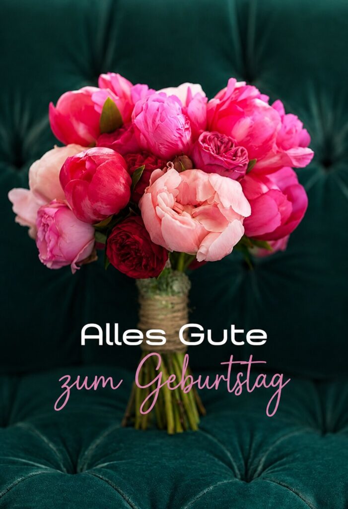 Pinkfarbener Pfingstrosenstrauß auf dunkelgrünem Samt mit Schriftzug Alles Gute zum Geburtstag