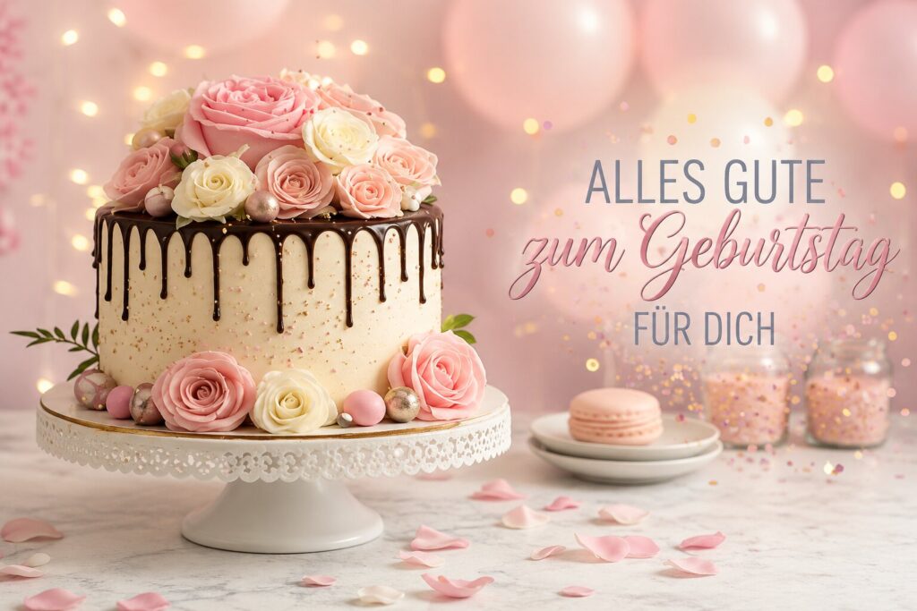 Geburtstagstorte mit Rosen und Schokoglasur vor rosa Luftballons, Schriftzug Alles Gute zum Geburtstag für dich