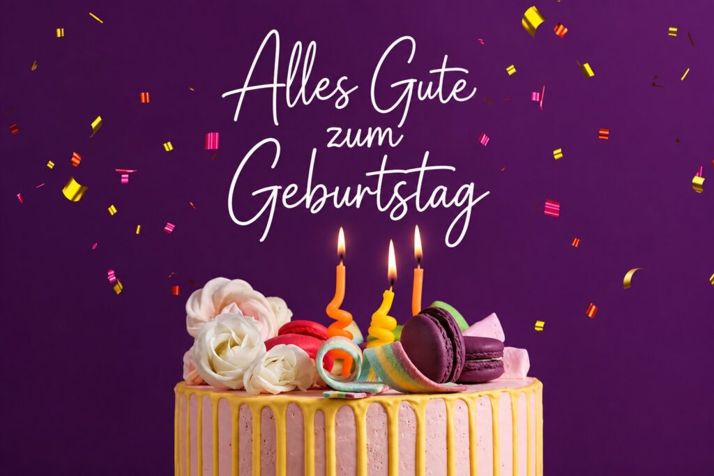 Lila Geburtstagskarte mit Torte, Kerzen, Macarons und Konfetti, Schriftzug Alles Gute zum Geburtstag