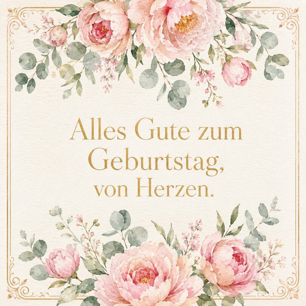 Aquarell-Geburtstagskarte mit rosa Pfingstrosen: Alles Gute zum Geburtstag, von Herzen