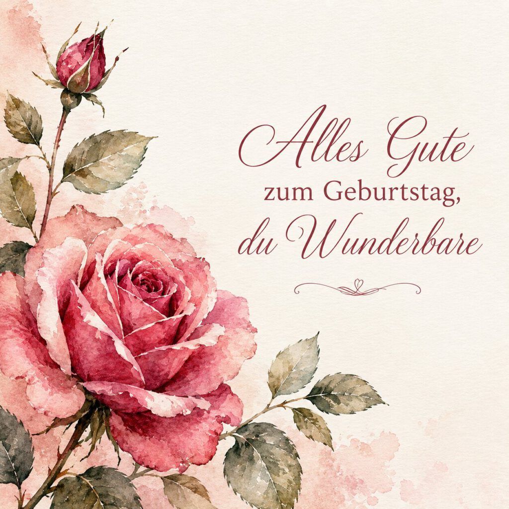 Rosa Rose mit Text: Alles Gute zum Geburtstag, du Wunderbare
