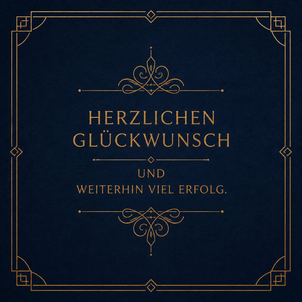Eleganter goldener Rahmen auf Dunkelblau: Herzlichen Glückwunsch und weiterhin viel Erfolg