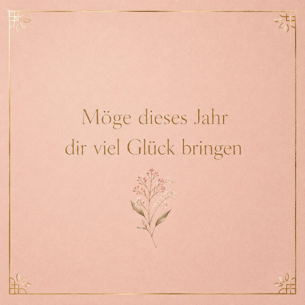 Goldgerahmte Geburtstagskarte mit Blütenzweig auf Rosa: Möge dieses Jahr dir viel Glück bringen