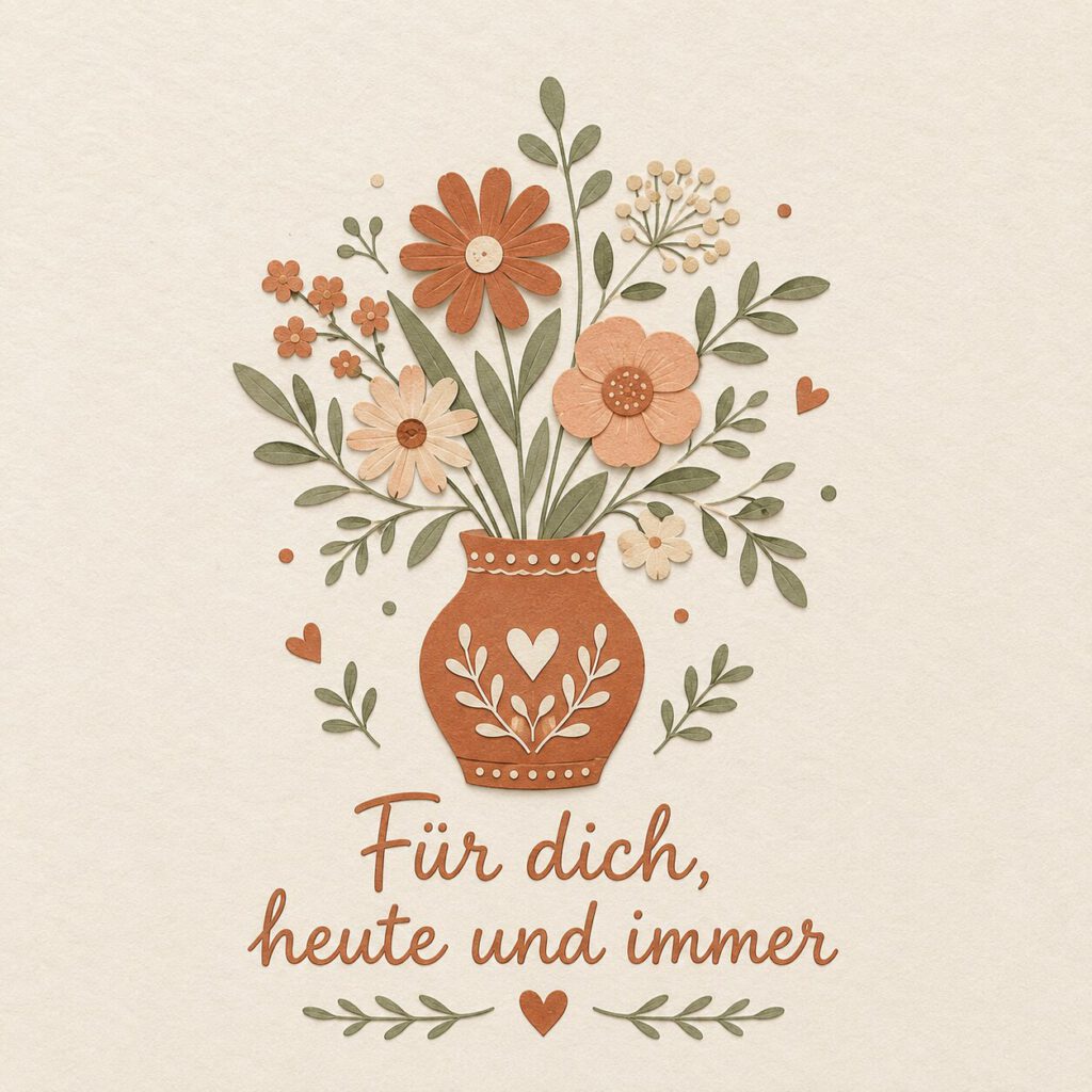 Illustrierte Blumenvase mit Herzen: Für dich, heute und immer