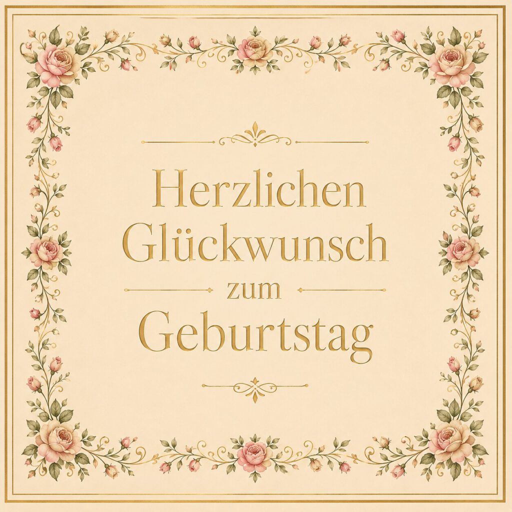 Klassische Geburtstagskarte mit Rosenrahmen: Herzlichen Glückwunsch zum Geburtstag