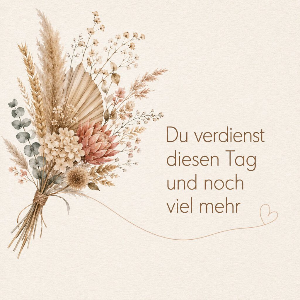Trockenblumenstrauß neben Text: Du verdienst diesen Tag und noch viel mehr