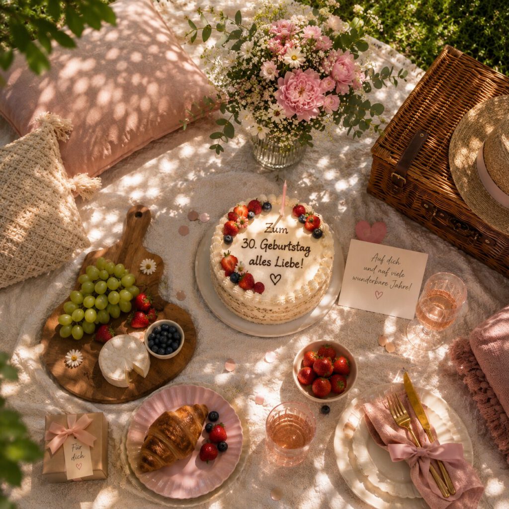 Sommerliches Picknick im Garten mit einer Torte mit der Aufschrift „Zum 30. Geburtstag alles Liebe!“, einer Karte „Auf dich und auf viele wunderbare Jahre!“, Obst und Blumen.