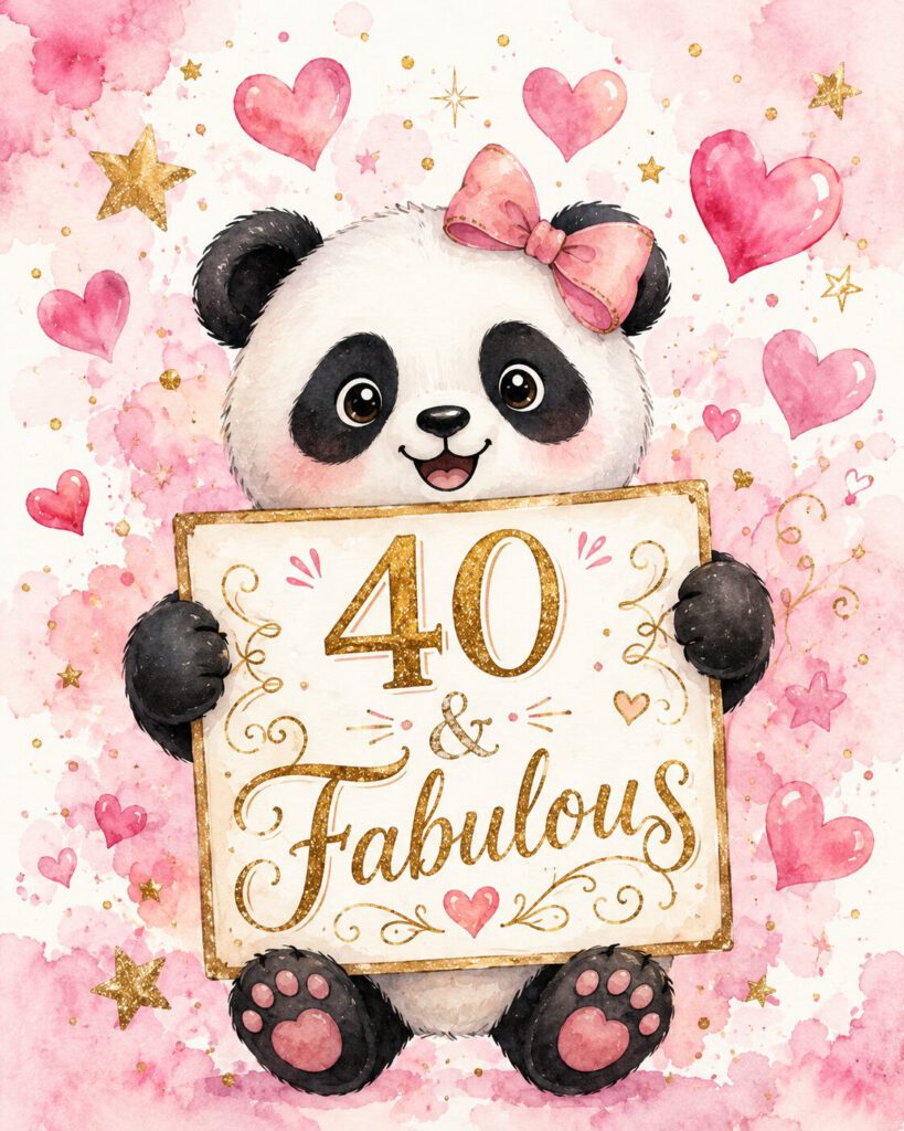 Niedlicher Aquarell-Panda mit rosa Schleife hält ein Schild mit der Aufschrift „40 & Fabulous“, umgeben von rosa Herzen und goldenen Sternen.