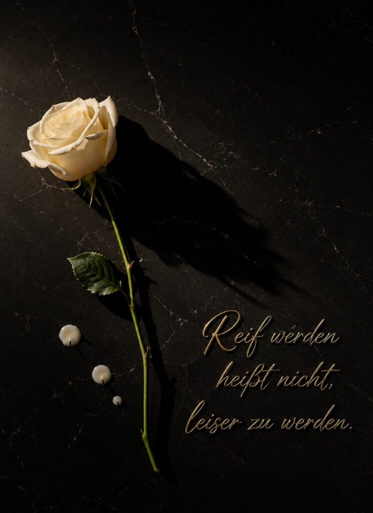 Einzelne weiße Rose auf schwarzem Marmor, mit dem goldenen Schriftzug „Reif werden heißt nicht, leiser zu werden.“.