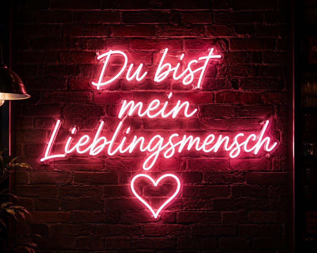 Rosa Neon-Leuchtschrift an Ziegelwand: Du bist mein Lieblingsmensch, mit Herzsymbol