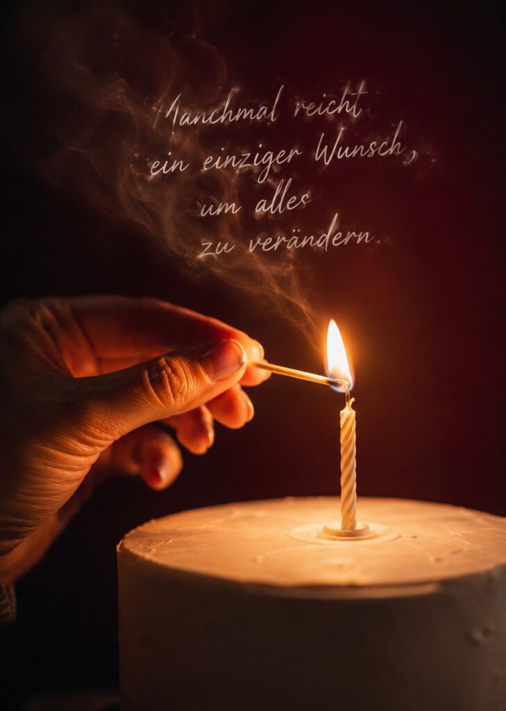 Hand entzündet mit einem Streichholz eine Kerze auf einer Torte, der Rauch formt die Worte „Manchmal reicht ein einziger Wunsch, um alles zu verändern.“.