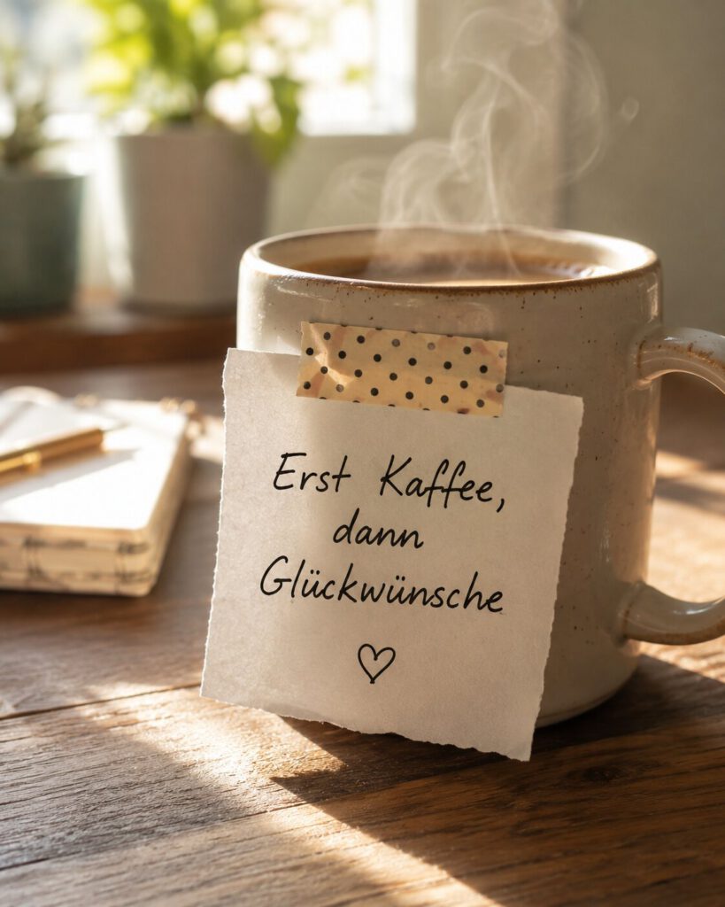 Dampfende Kaffeetasse mit Notiz mit Washi-Tape befestigt: Erst Kaffee, dann Glückwünsche