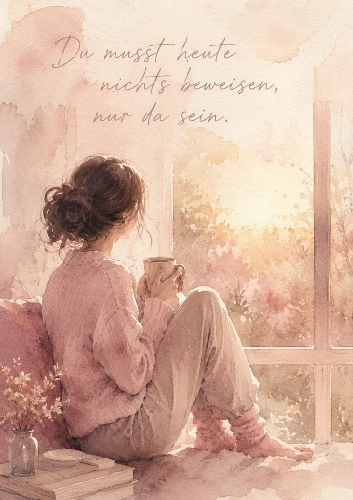 Aquarell einer Frau, die mit einer Tasse am Fenster sitzt, mit dem Spruch „Du musst heute nichts beweisen, nur da sein.“.