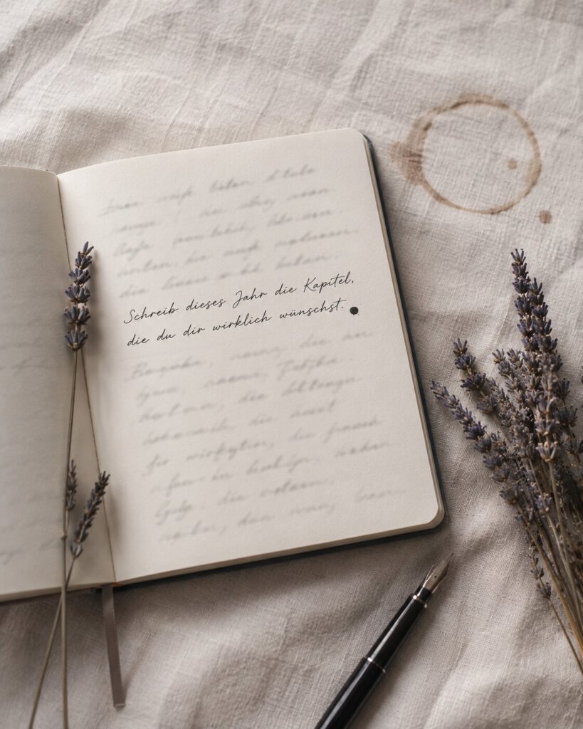 Aufgeschlagenes Notizbuch mit Füller und Lavendel, mit der handgeschriebenen Zeile „Schreib dieses Jahr die Kapitel, die du dir wirklich wünschst.“.
