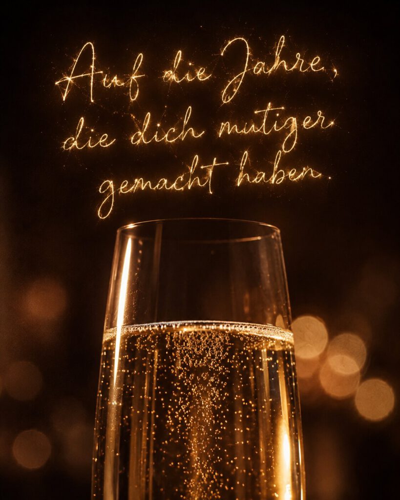 Sektglas vor dunklem Hintergrund mit funkelndem Schriftzug „Auf die Jahre, die dich mutiger gemacht haben.“.