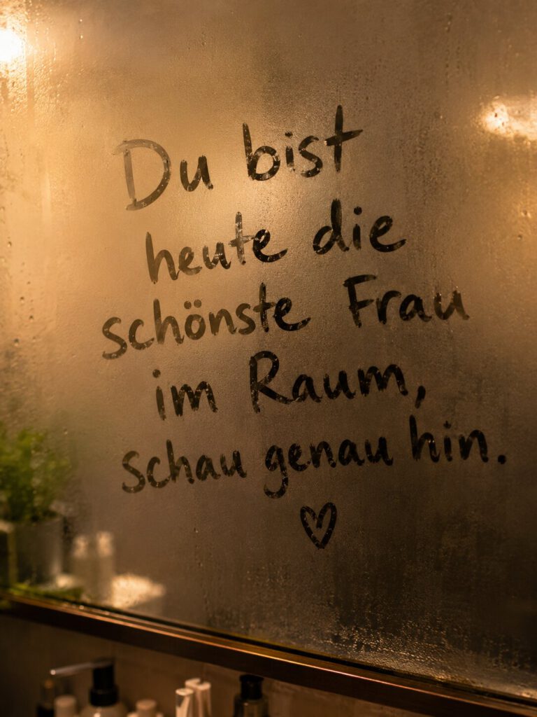 Handschrift auf beschlagenem Badezimmerspiegel: Du bist heute die schönste Frau im Raum, schau genau hin