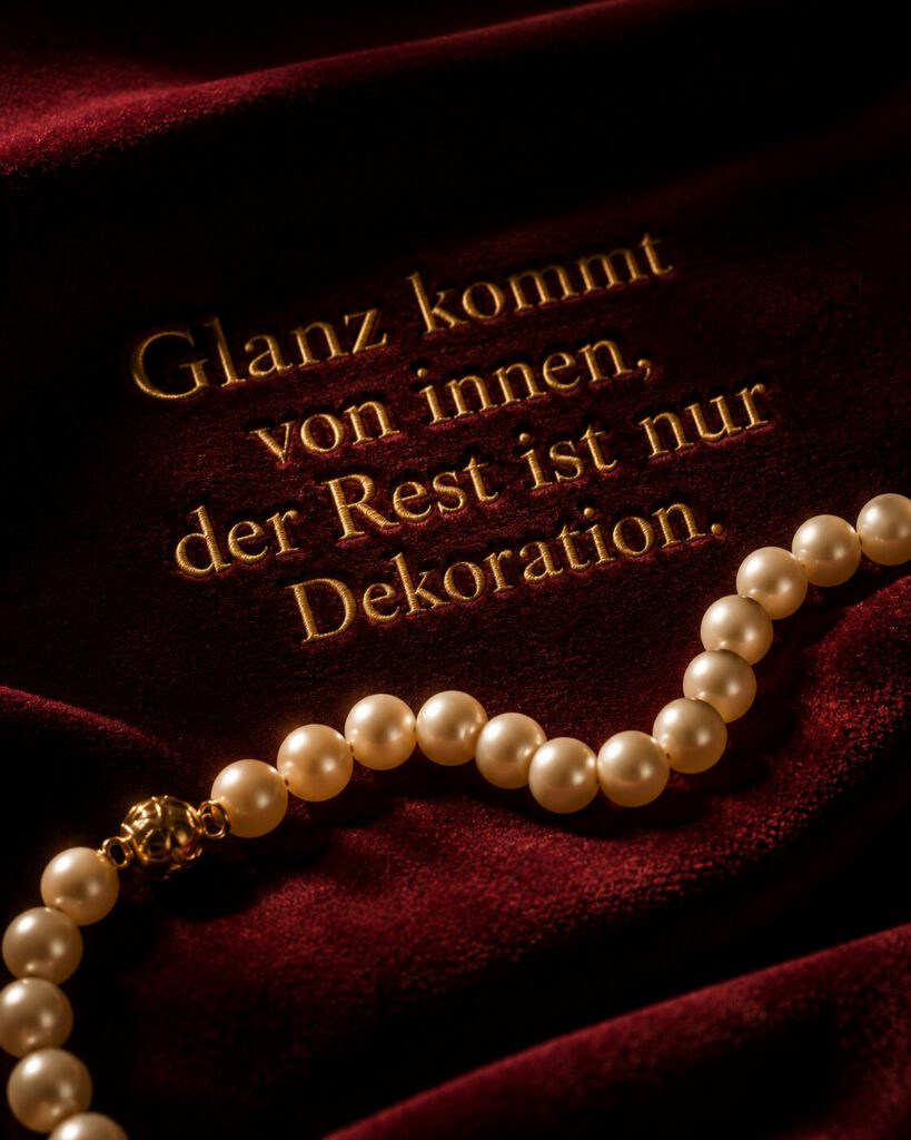 Perlenkette auf dunkelrotem Samt, mit dem goldenen Schriftzug „Glanz kommt von innen, der Rest ist nur Dekoration.“.