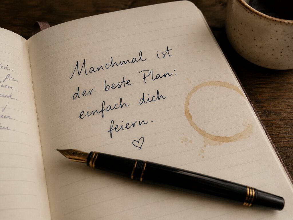 Handgeschriebene Notiz in aufgeschlagener Kladde mit Kaffeefleck und Füller: Manchmal ist der beste Plan, einfach dich feiern