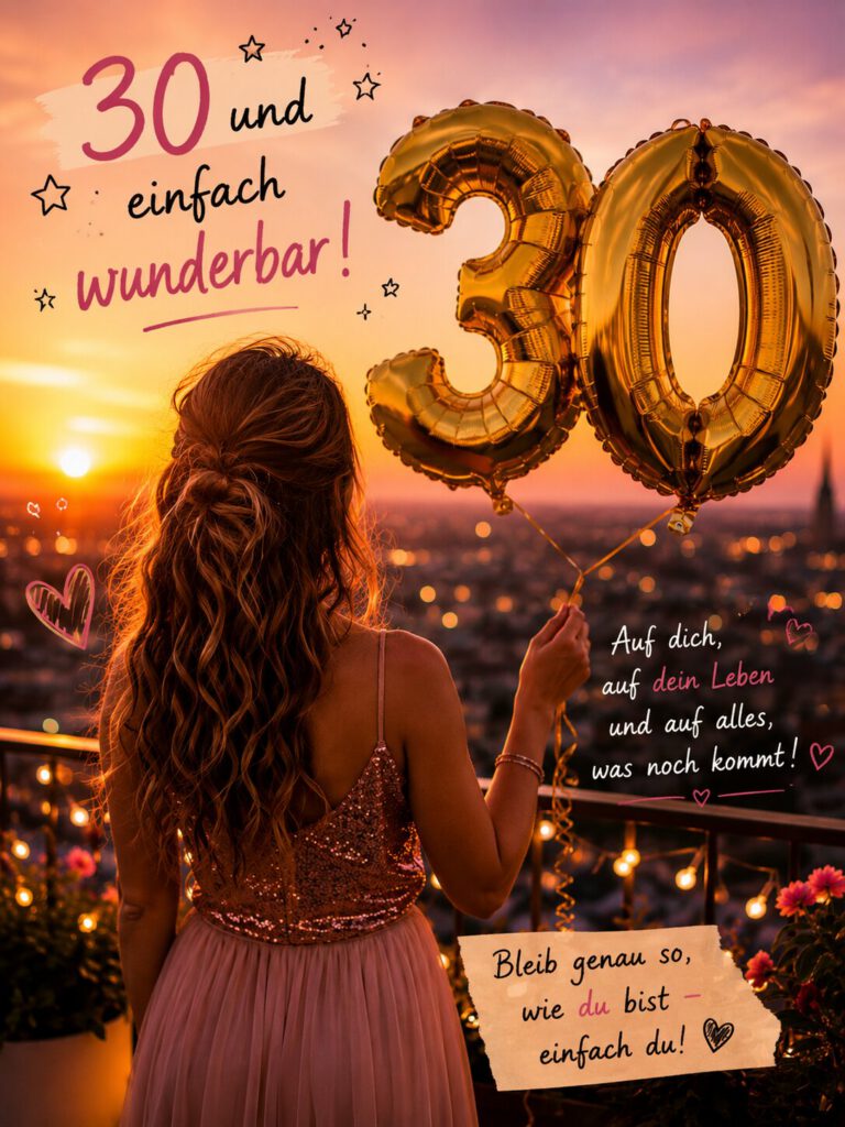 Frau von hinten auf einer Dachterrasse bei Sonnenuntergang hält goldene 30-Ballons, mit dem Text „30 und einfach wunderbar! Auf dich, auf dein Leben und auf alles, was noch kommt! Bleib genau so, wie du bist, einfach du!“.