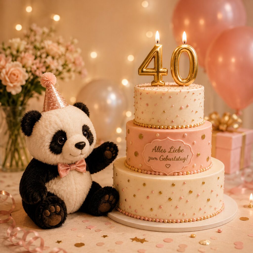 Plüsch-Panda mit Partyhut neben einer dreistöckigen Torte mit goldenen Kerzen als Zahl 40 und dem Schild „Alles Liebe zum Geburtstag!“, umgeben von rosa Luftballons.