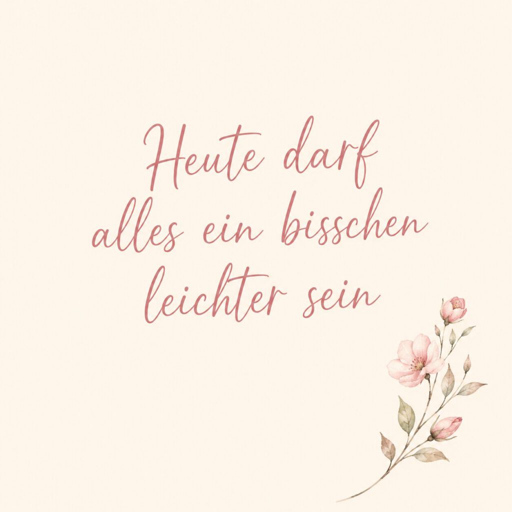 Zitate-Bild auf cremefarbenem Hintergrund mit Blütenzweig: Heute darf alles ein bisschen leichter sein
