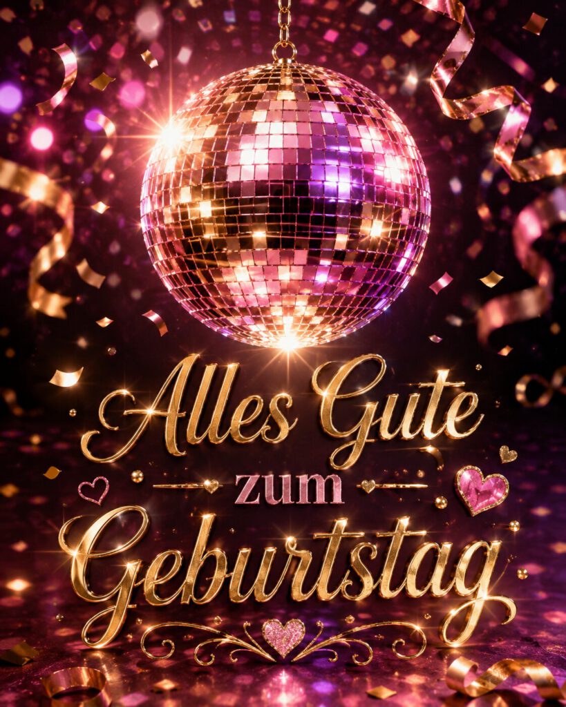 Rosa-goldene Discokugel mit Konfetti und Luftschlangen, mit dem goldenen Schriftzug „Alles Gute zum Geburtstag.“.