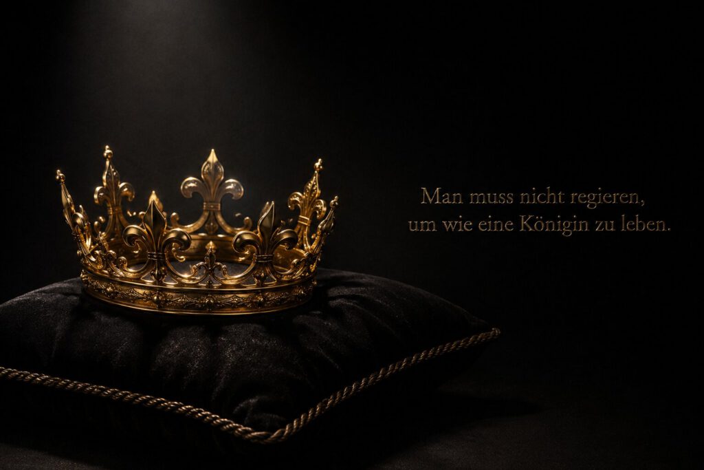 Goldene Krone auf einem schwarzen Samtkissen, mit dem Spruch „Man muss nicht regieren, um wie eine Königin zu leben.“.