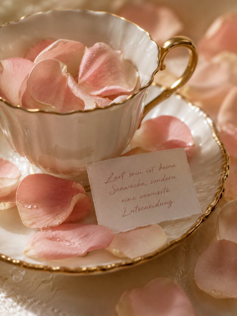 Elegante Teetasse gefüllt mit rosa Rosenblättern, dazu eine Karte „Zart sein ist keine Schwäche, sondern eine bewusste Entscheidung.“.
