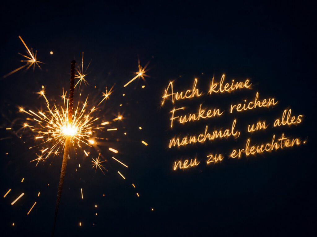 Leuchtende Wunderkerze vor dunklem Nachthimmel, mit dem Spruch „Auch kleine Funken reichen manchmal, um alles neu zu erleuchten.“.