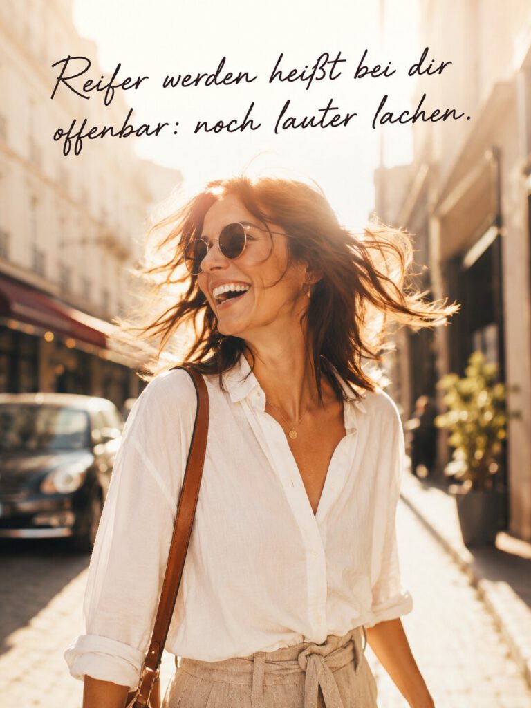 Lachende Frau mit Sonnenbrille geht durch eine sonnige Straße, mit dem Text „Reifer werden heißt bei dir offenbar: noch lauter lachen.“.
