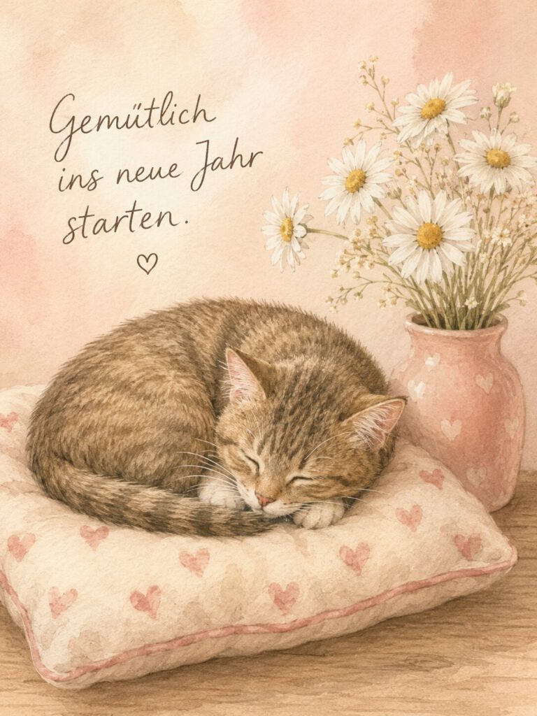 Aquarell einer schlafenden Katze auf einem Herzkissen neben Margeriten, mit dem Spruch „Gemütlich ins neue Jahr starten.“.