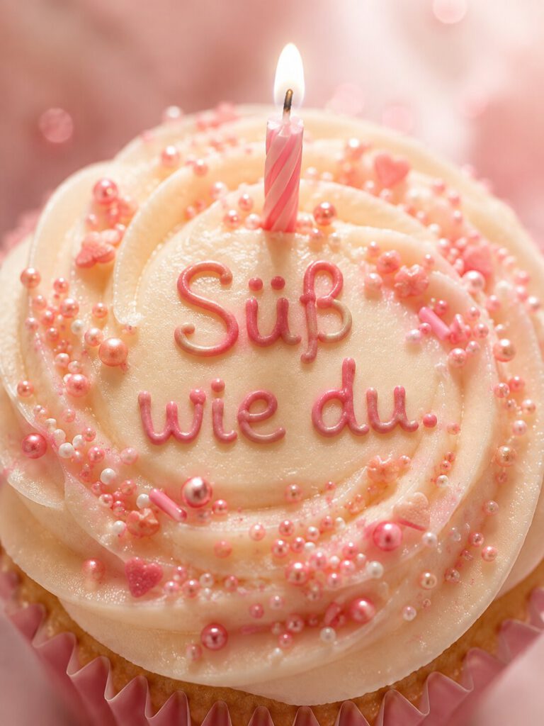 Nahaufnahme eines Cupcakes mit rosa Kerze und dem in Zuckerguss geschriebenen Spruch „Süß wie du.“.