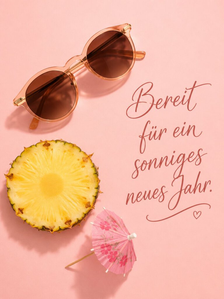 Sonnenbrille, aufgeschnittene Ananas und ein Cocktailschirmchen auf rosa Hintergrund, dazu der Schriftzug „Bereit für ein sonniges neues Jahr.“.