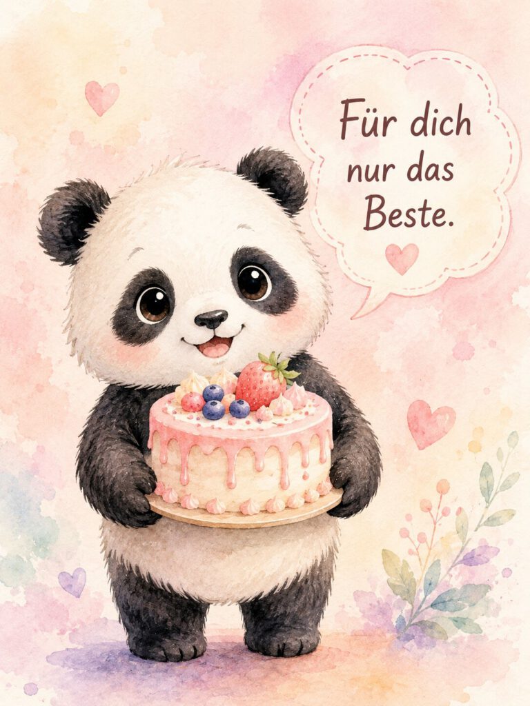 Gezeichneter Aquarell-Panda hält eine Torte mit Beeren, in der Sprechblase steht „Für dich nur das Beste.“.