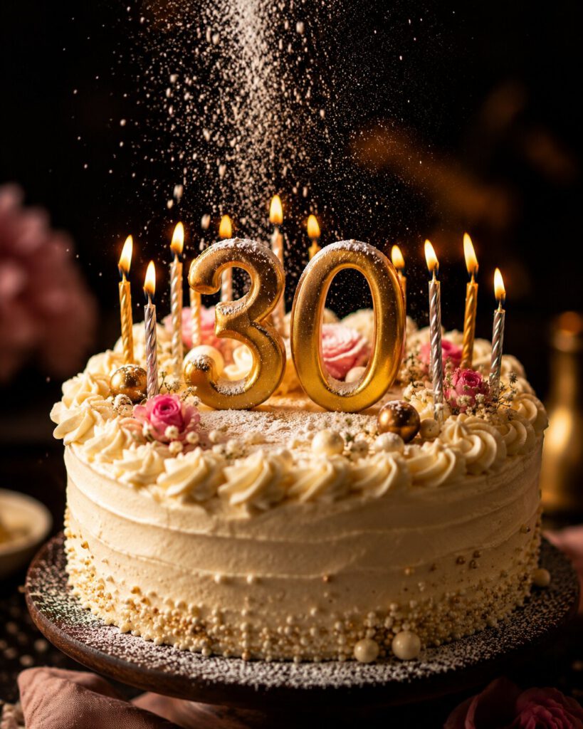 Elegante cremeweiße Torte mit goldenen Kerzen als Zahl 30 und rosa Rosen, überstäubt mit Puderzucker, vor dunklem stimmungsvollem Hintergrund.
