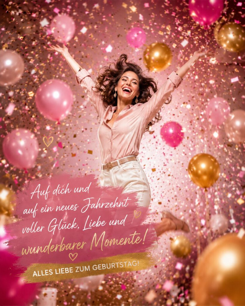 Fröhliche Frau springt vor Freude zwischen rosa und goldenen Luftballons und Konfetti, mit dem Spruch „Auf dich und auf ein neues Jahrzehnt voller Glück, Liebe und wunderbarer Momente! Alles Liebe zum Geburtstag!“