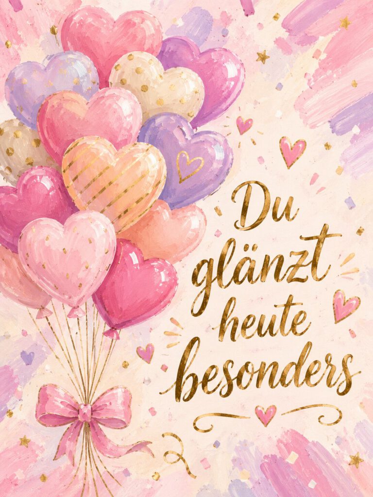 Aquarell aus pastellfarbenen Herzluftballons mit Schleife, mit dem Schriftzug „Du glänzt heute besonders.“.