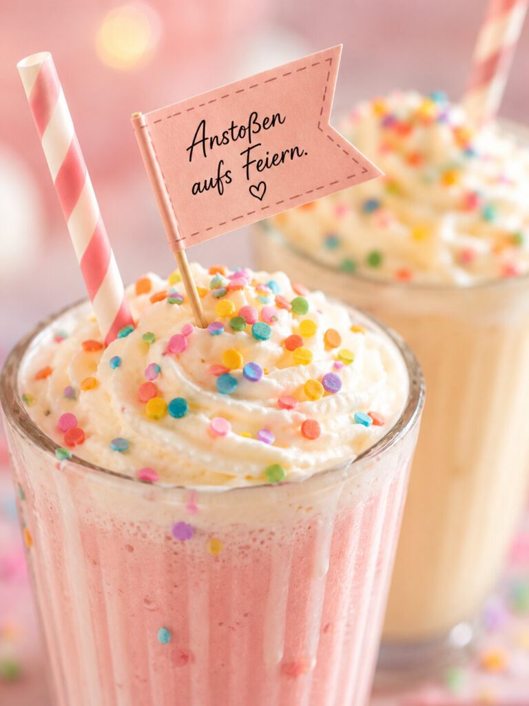 Zwei Milchshakes mit Sahne und buntem Streusel, dazu ein Fähnchen mit der Aufschrift „Anstoßen aufs Feiern.“.