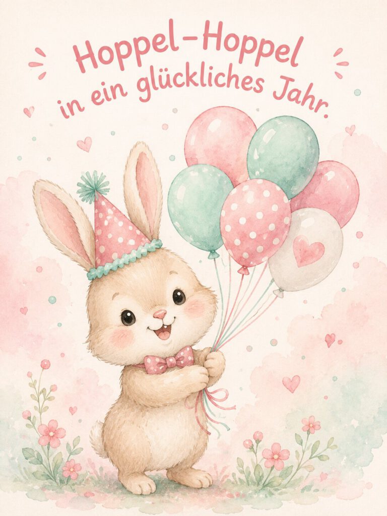 Aquarell-Häschen mit Partyhut und Fliege hält bunte Luftballons, mit dem Schriftzug „Hoppel-Hoppel in ein glückliches Jahr.“.