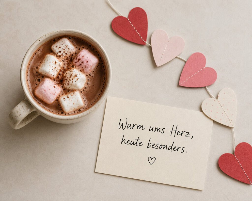 Tasse heiße Schokolade mit Marshmallows neben einer Herzgirlande aus Papier, dazu eine Karte „Warm ums Herz, heute besonders.“.