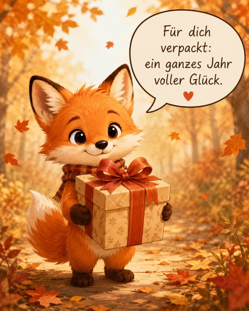 Niedlicher gezeichneter Fuchs hält ein Geschenk im herbstlichen Wald, in der Sprechblase steht „Für dich verpackt: ein ganzes Jahr voller Glück.“.