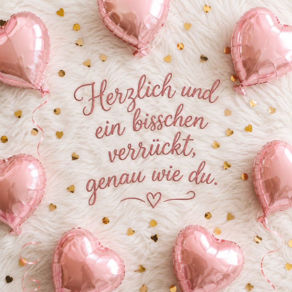 Roségoldene Herzluftballons auf weißem Fell mit goldenem Konfetti, dazu der Schriftzug „Herzlich und ein bisschen verrückt, genau wie du.“.