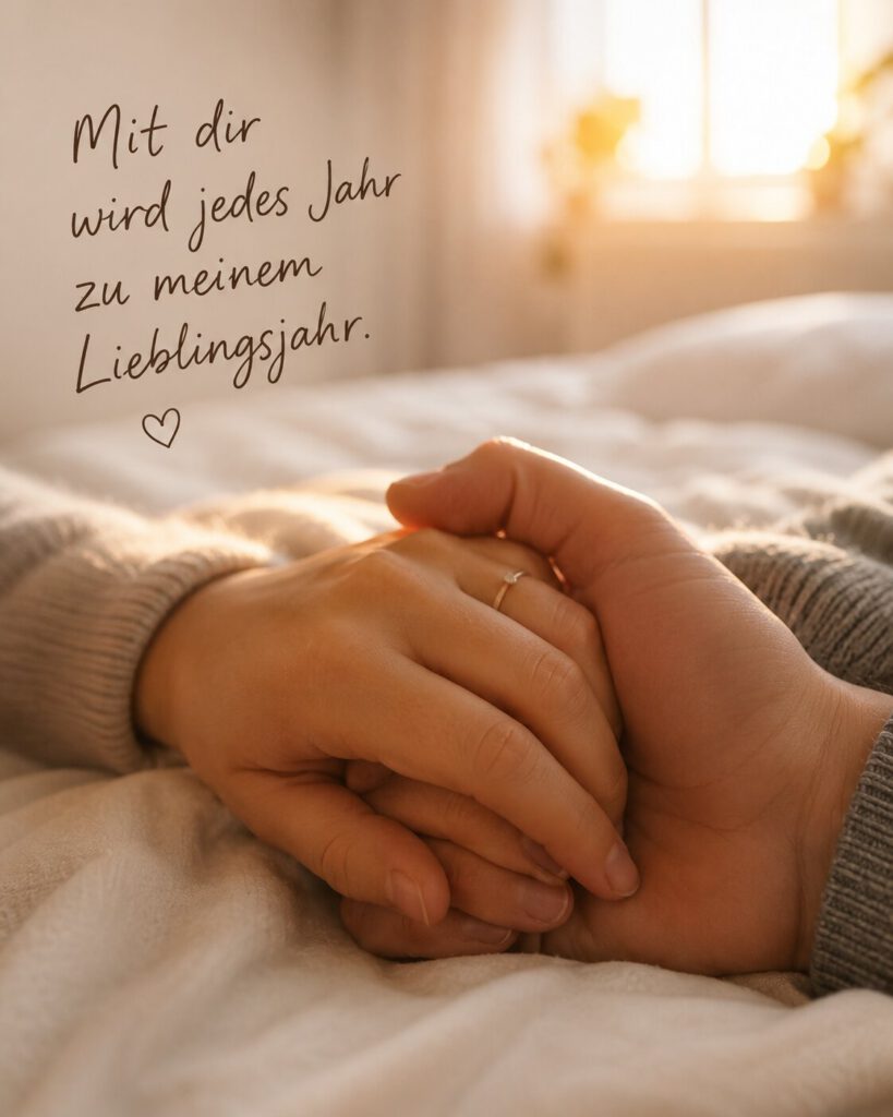 Zwei ineinander verschränkte Hände mit Ring auf einem Bett im Morgenlicht, mit dem Spruch „Mit dir wird jedes Jahr zu meinem Lieblingsjahr.“.