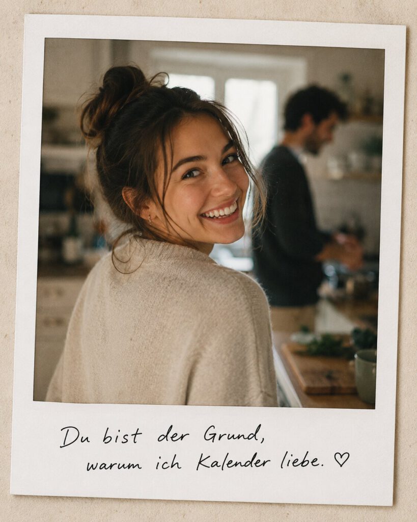 Polaroid einer lächelnden Frau in der Küche mit einem Mann im Hintergrund, mit der Bildunterschrift „Du bist der Grund, warum ich Kalender liebe.“.