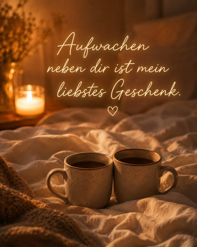 Zwei Kaffeetassen auf einem gemütlichen Bett bei Kerzenlicht, mit dem Text „Aufwachen neben dir ist mein liebstes Geschenk.“.